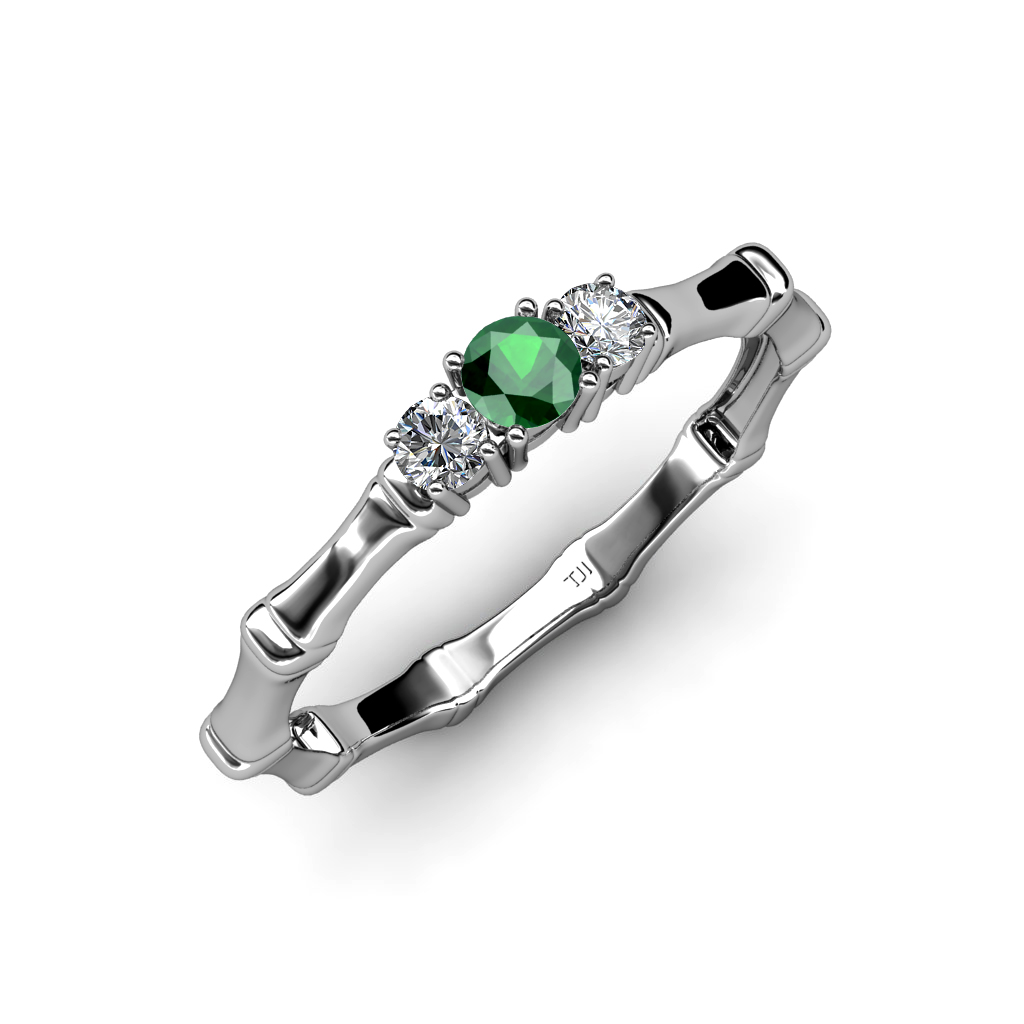 کیر+تو+کوس+دختر Emerald with Side Diamond (SI2-I1, G-H) 3 Stone Bamboo Ring 0.24 ct tw ...