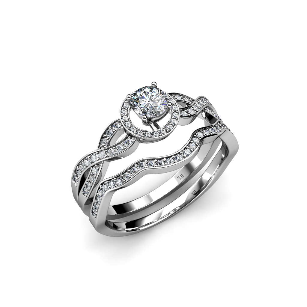 Diamond Halo Swirl Bridal Set Ring & Wedding Band (SI2-I1,G-H) 0.85cttw ...