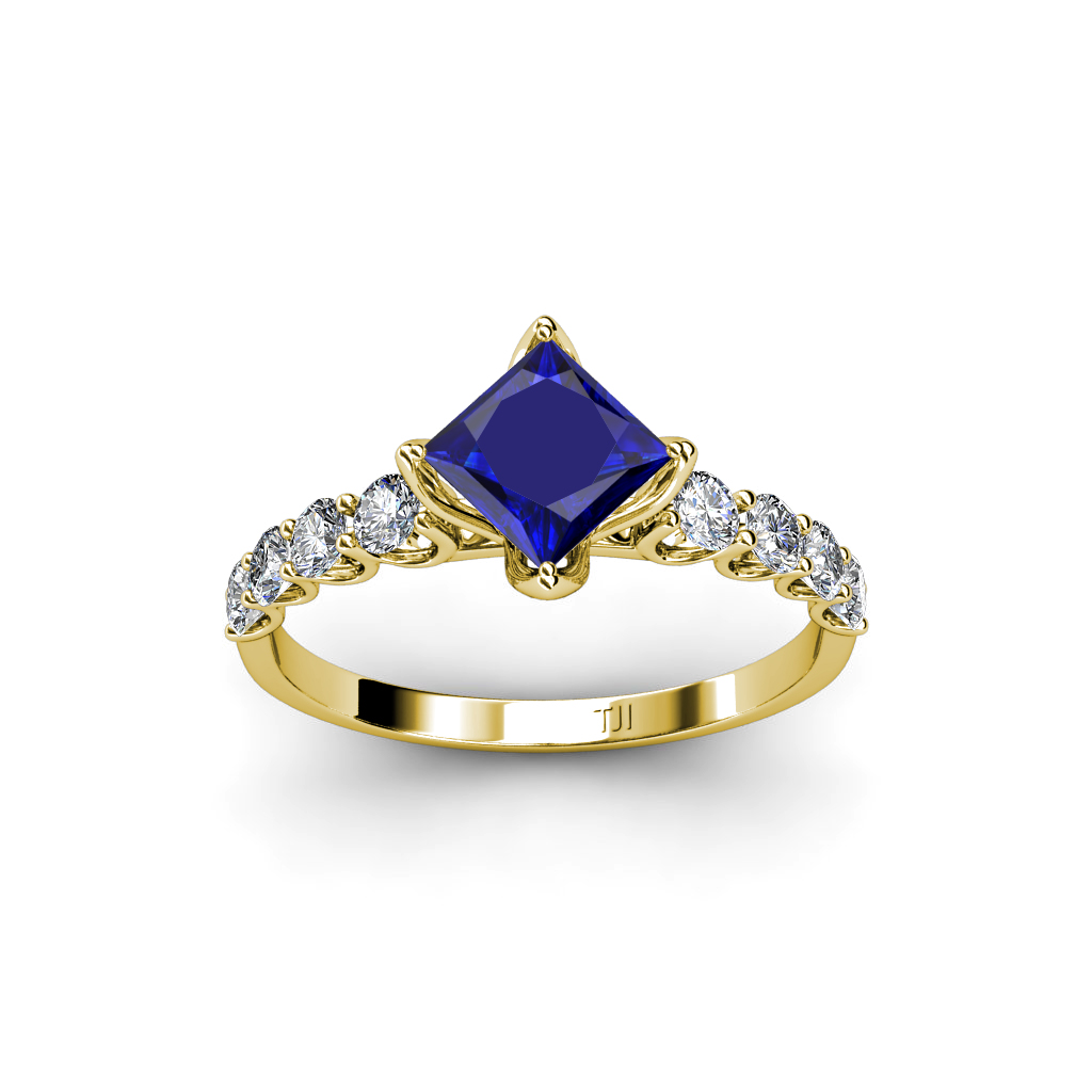 Lab Created Blue Sapphire Princess Cut & Side Diamond Engagement Ring ...